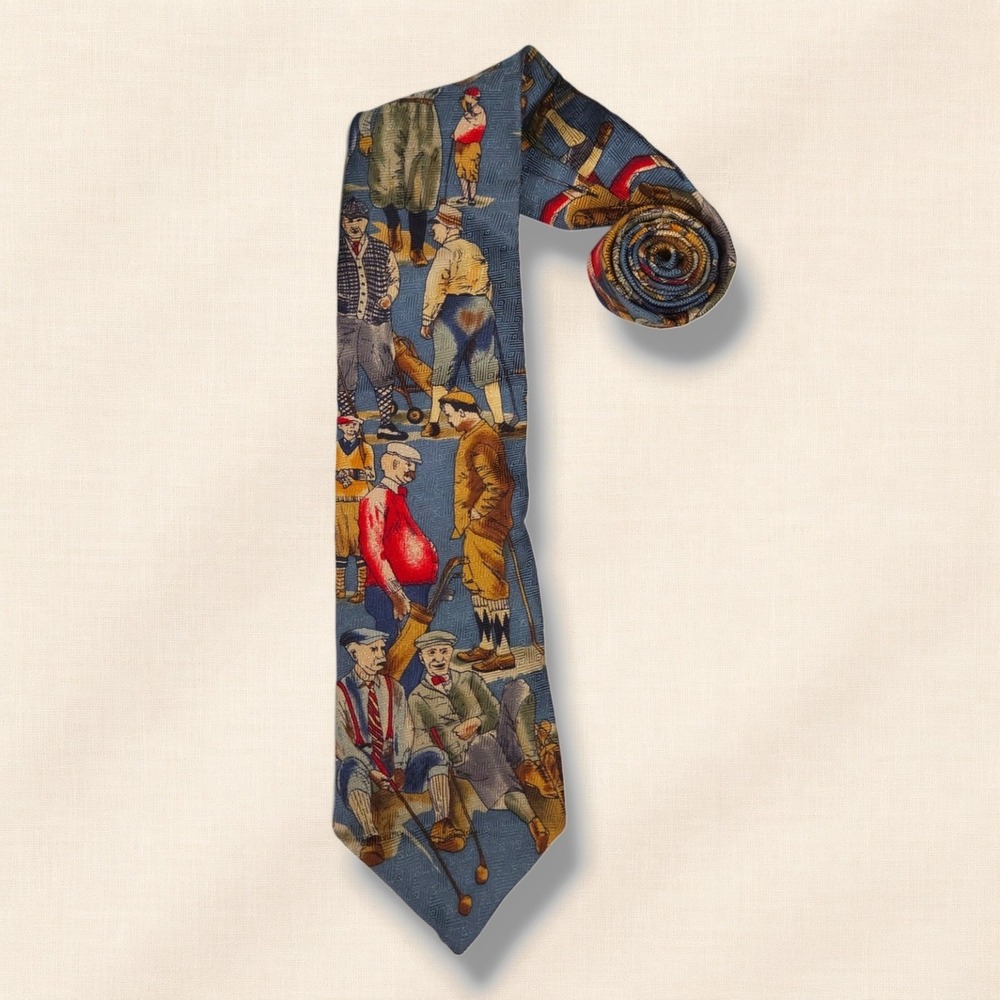 Vintage‎ Tango By Max Raab Silk Jacquard Necktie Golf Scene Made USA Blue OS